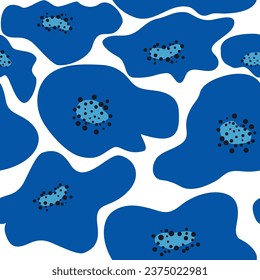 Trendy floral seamless pattern inspired by Matisse, blue and red poppies, floral pattern