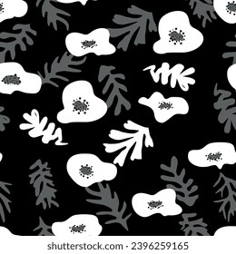 Trendy floral seamless pattern inspired by Matisse, blue and red poppies, black and white floral pattern.
