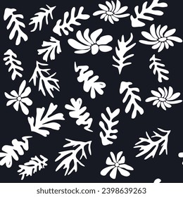 Trendy Blumen nahtlose Muster inspiriert von Matisse, schwarz-weiß Blumenmuster.