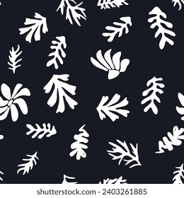 Trendy Blumen nahtlose Muster inspiriert von Matisse, schwarz-weiß Blumenmuster.