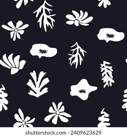 Trendy floral seamless pattern inspired by Matisse, black and white floral pattern.