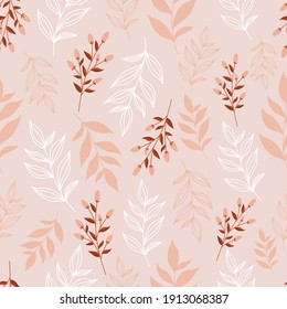 Trendy floral seamless pattern with leaves and flowers in pastel pink color