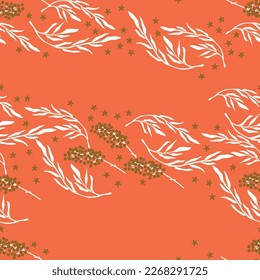 Trendfarbenes, nahtloses Muster mit Blättern, Knospen, Blumen und Beeren. Blumenhintergrund. Frühlingspflanzen im eleganten Stil. Farbige Vektorgrafik. 