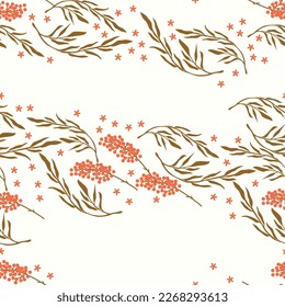 Trendy floral seamless pattern with leaves, buds, flowers and berries. Flower background illustration. Spring plants in elegant style. Colorful vector illustration. 