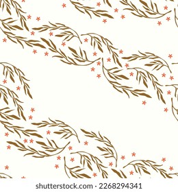 Trendy floral seamless pattern with leaves, buds, flowers and berries. Flower background illustration. Spring plants in elegant style. Colorful vector illustration. 