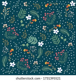 Trendy floral seamless pattern in the many kind of flowers. Tropical botanical motifs for fashion print. Wildflowers pattern on dark green background. 