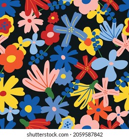 Trendy floral seamless pattern on dark background. Vector cartoon cute flowers in childish hand-drawn style. Backdrop for wallpaper, print, textile, fabric, wrapping