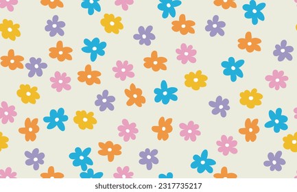 Trendy floral seamless pattern. Set of vintage 70s style flower background illustration. Colorful pastel color groovy artwork bundle, y2k nature backgrounds with spring plants