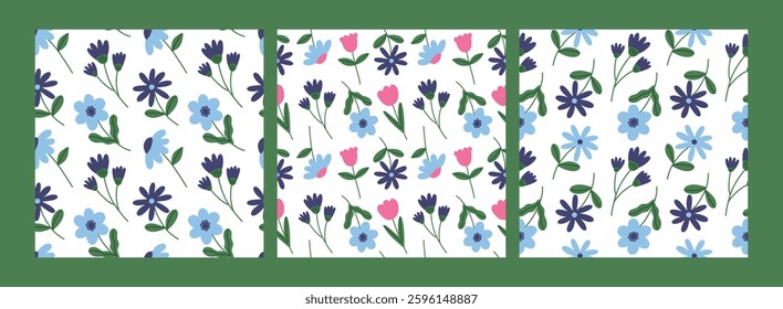 Trendy floral seamless pattern set. Simple childish daisy, tulip, rose. Spring flower template for packaging, postcard, textile, print, wallpaper. Hand drawn illustration isolated on white background.