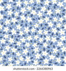 Patrón floral de moda sin costuras. Pequeñas mareas blancas simples con hojas en vector. Linoct de dibujos a mano de dibujos animados de flores lindas sobre un fondo de color. Ideal para textiles, tejidos, papel pintado