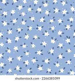 Trendy floral seamless pattern. Simple white small daisies with leaves in vector. Hand drawn cartoon linocut of cute flowers on a colored background. Ideal for textiles, fabric, wallpaper
