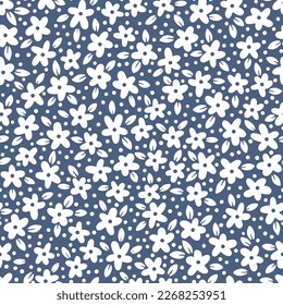Patrón floral de moda sin costuras. Pequeñas mareas blancas simples con hojas en vector. Linoct de dibujos a mano de dibujos animados de flores lindas sobre un fondo de color. Ideal para textiles, tejidos, papel pintado