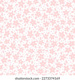 Trendy floral seamless pattern. Simple white small daisies with leaves in vector. Hand-drawn cartoon linocut of cute flowers on a colored background. Ideal for textiles, fabric, wallpaper