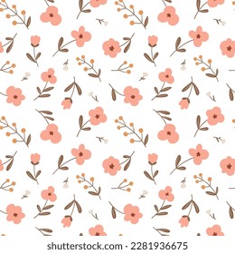 Trendy floral seamless pattern. Simple pink small flowers and berries in vector.