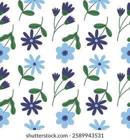 Trendy floral seamless pattern. Simple childish blue, purple daisy. Spring flower template for packaging, postcards, textile printing, wallpaper. Hand drawn illustration isolated on white background.