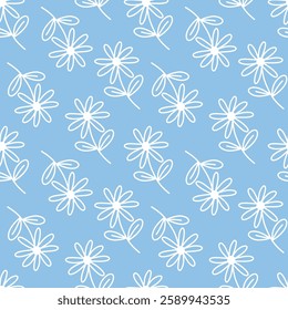 Trendy floral seamless pattern. Simple girly daisy. Spring white outline flower template for packaging, postcards, textile printing, wallpaper. Hand drawn illustration isolated on blue background.