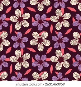 Trendy floral seamless pattern. Simple red and beige daisy. Spring flower template for packaging, postcards, textile printing, wallpaper. Hand drawn illustration isolated on white background