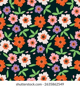 Patrón sin costuras floral de moda. Simple margarita roja y beige. Plantilla de flores de primavera para embalaje, postales, impresión textil, Fondo de pantalla. Dibujado a mano ilustración aislada sobre fondo blanco.