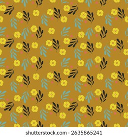 Trendy floral seamless pattern. Simple red and beige daisy. Spring flower template for packaging, postcards, textile printing, wallpaper. Hand drawn illustration isolated on white background.