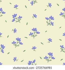 Padrão elegante floral sem emenda. Simples flor pequena azul com folhas no vetor. Desenhado à mão linocut de desenhos animados de flores bonitas em um fundo colorido. Ideal para têxteis, tecido, papel de parede
