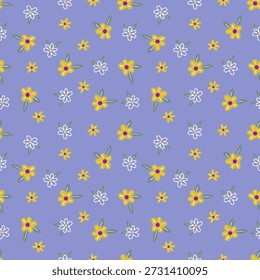 Padrão elegante floral sem emenda. Simples flor pequena amarela com folhas no vetor. Desenhado à mão linocut de desenhos animados de flores bonitas em um fundo colorido. Ideal para têxteis, tecido, papel de parede	