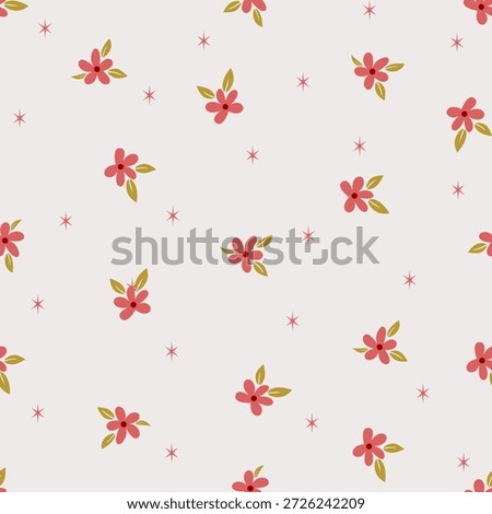 Trendy floral seamless pattern. Simple Red small flower with leaves in vector. Hand drawn cartoon linocut of cute flowers on a colored background. Ideal for textiles, fabric, wallpaper