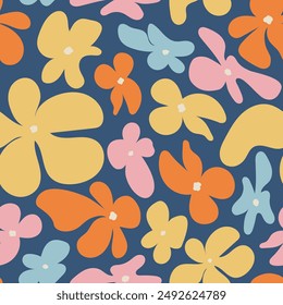 Trendiges florales nahtloses Muster im Stil der 70er Jahre mit groovigen Gänseblümchen. Klassischer Stil. Helle, bunte Farben. Retro florale Vektorgrafik Design y2k.