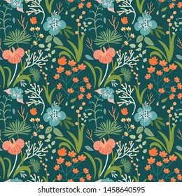 Trendy floral seamless pattern. Various hand drawn tropical flowers, leaves and berries on green background. Botanical print, texture, fashion template, Wallpaper... Original vector illustration.