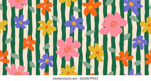 Trendy floral seamless pattern with vertical stripes. Modern flowers print design for fabric, textiles, clothing, packaging, cover, banner, home decor and backgrounds. Vector illustrations.