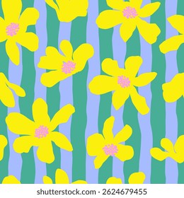 Trendy floral seamless pattern with vertical stripes. Modern flowers print design for fabric, textiles, clothing, packaging, cover, banner, home decor and backgrounds. Vector illustrations.