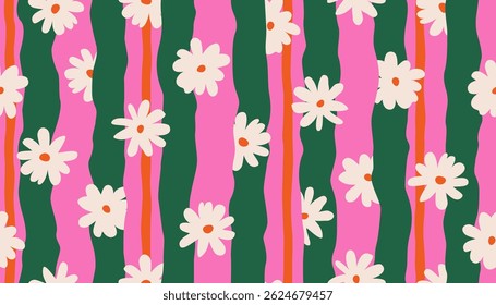 Trendy floral seamless pattern with vertical stripes. Modern flowers print design for fabric, textiles, clothing, packaging, cover, banner, home decor and backgrounds. Vector illustrations.