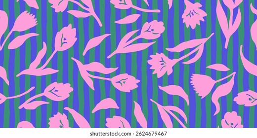 Trendy floral seamless pattern with vertical stripes. Modern flowers print design for fabric, textiles, clothing, packaging, cover, banner, home decor and backgrounds. Vector illustrations.