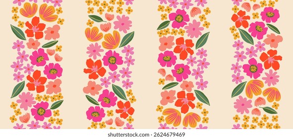 Trendy floral seamless pattern with vertical stripes. Modern flowers print design for fabric, textiles, clothing, packaging, cover, banner, home decor and backgrounds. Vector illustrations.