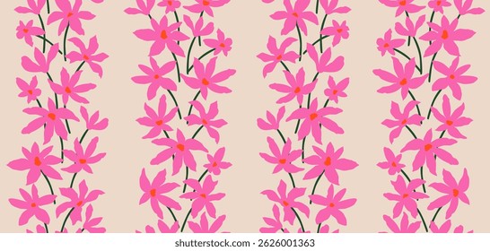 Trendy floral seamless pattern with vertical stripes. Modern flowers print design for fabric, textiles, clothing, packaging, cover, banner, home decor and backgrounds. Vector illustrations.