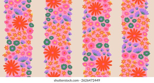 Padrão elegante floral sem emenda com listras verticais. Design de impressão de flores modernas para tecido, têxteis, roupas, embalagem, tampa, banner, decoração doméstica e fundos. Ilustrações vetoriais.