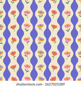 Padrão elegante floral sem emenda com listras verticais. Design de impressão de flores modernas para tecido, têxteis, roupas, embalagem, tampa, banner, decoração doméstica e fundos. Ilustrações vetoriais.