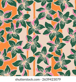 Trendy floral seamless pattern with vertical stripes. Modern flowers print design for fabric, textiles, clothing, packaging, cover, banner, home decor and backgrounds. Vector illustrations.