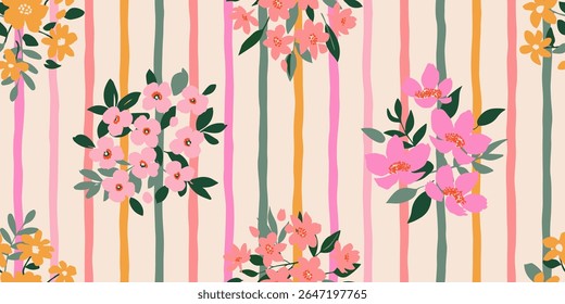 Trendy floral seamless pattern with vertical stripes. Modern flowers print in cute design for fabric, textiles, clothing, packaging, cover, banner, home decor and backgrounds. Vector illustrations.
