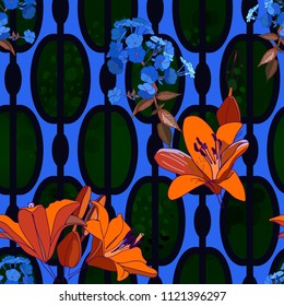 Trendy floral seamless pattern in vintage style for wallpaper or fabric. Lilies, phlox and graphic ornament.  Style sixties
