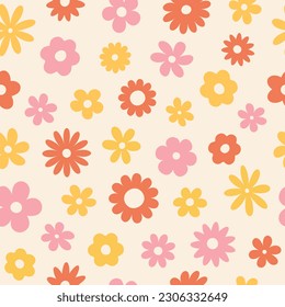 Trendy floral seamless pattern. Vintage 70s style hippie groovy daisy flowers background. Colorful pastel colors. Vector retro design y2k.