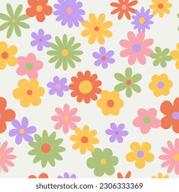 Patrón floral de moda sin costuras.  Flores hippie de los años 70 de estilo vintage. Coloridos colores vivos. Vector y2k fondo natural con flores de margarita.