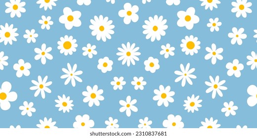 Trendy floral seamless pattern. Vintage 70s style hippie groovy flowers background. Colorful pastel colors. Vector y2k nature backdrop with daisy flowers.