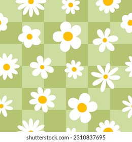 Trendy floral seamless pattern. Vintage 70s style hippie groovy daisy flowers, chess background. Colorful pastel colors. Vector retro design y2k.