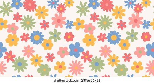 Trendy floral seamless pattern. Vintage 70s style hippie groovy flowers background. Colorful bright colors. Vector y2k nature backdrop with daisy flowers.