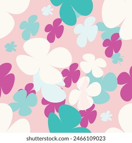 Trendy floral seamless pattern. vintage 70s style flower background illustration. Colorful pastel color groovy artwork bundle, y2k nature backgrounds with spring plants.