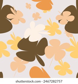 Trendy floral seamless pattern. vintage 70s style flower background illustration. Colorful pastel color groovy artwork bundle, y2k nature backgrounds with spring plants.