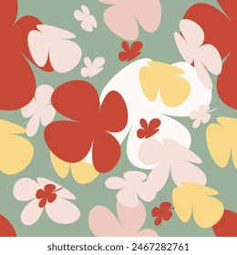Trendy floral seamless pattern. vintage 70s style flower background illustration. Colorful pastel color groovy artwork bundle, y2k nature backgrounds with spring plants.