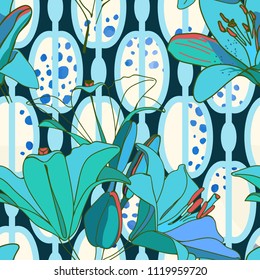 Trendy floral seamless pattern for wallpaper or fabric. Lilies, phlox and graphic ornament. 