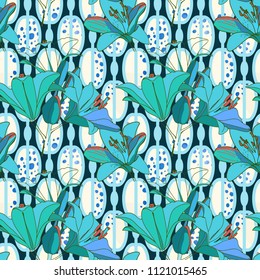 Trendy floral seamless pattern for wallpaper or fabric. Lilies, phlox and graphic ornament. 