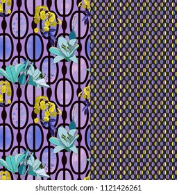 Trendy floral seamless pattern for wallpaper or fabric. Lilies, phlox and graphic ornament. Complementary kit, combination of patterns